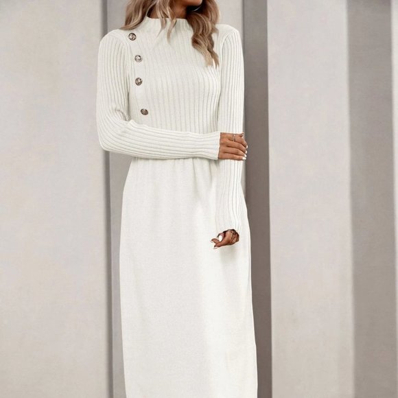 White Elegant Womens Mock Neck Button Detail Sweater Dress - Picture 4 of 5